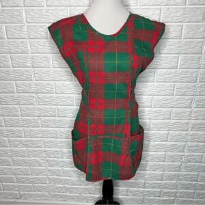 Vintage 50s / 60s Red Green Tartan Plaid Holiday Apron Tie Back Pockets Size M